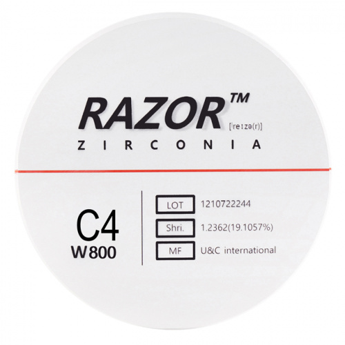 Диск циркониевый Razor 800, однослойный, размер 98х25мм, оттенок C4, UNC Inc (Корея) от Дентал-Ист
