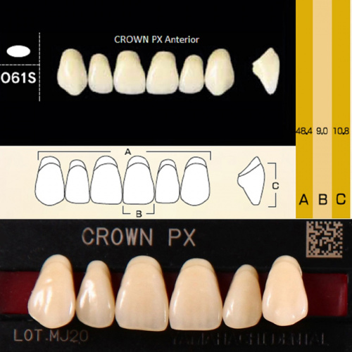 Зубы CROWN PX Anterior, цвет D3, фасон O61S композитные трехслойные, 6 шт. от Дентал-Ист