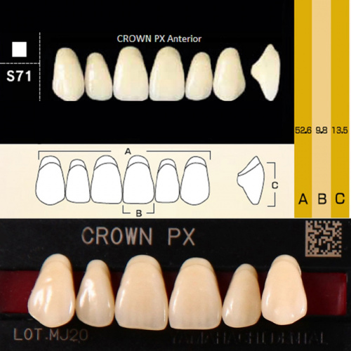 Зубы CROWN PX Anterior, цвет A2, фасон S71 композитные трехслойные, 6 шт. от Дентал-Ист