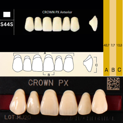 Зубы CROWN PX Anterior, цвет A2, фасон S44S композитные трехслойные, 6 шт.
