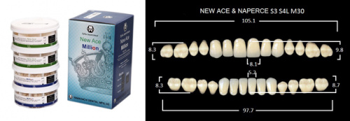 Зубы в боксах New Ace / Million, цвет A2, фасон S3/S4L/M30, 20 полных гарнитуров. от Дентал-Ист