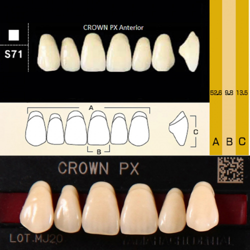 Зубы CROWN PX Anterior, цвет A3.5, фасон S71 композитные трехслойные, 6 шт. от Дентал-Ист
