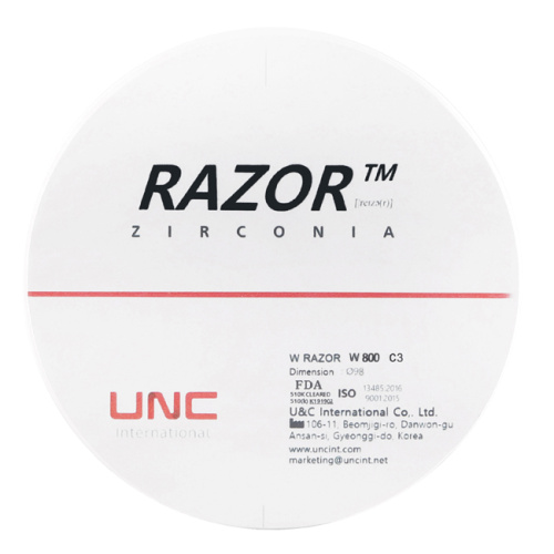 Диск циркониевый Razor 800, однослойный, размер 98х30мм, оттенок C3, UNC Inc (Корея)