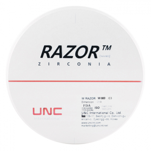 Диск циркониевый Razor 800, однослойный, размер 98х18мм, оттенок C3, UNC Inc (Корея) от Дентал-Ист