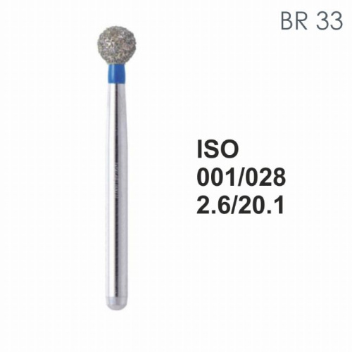 Бор алмазный MANI BR-33 по ISO 001, шарооб.,028х2,6х20,1мм,макс.скорость 160 тыс.об,зерн.S,5шт