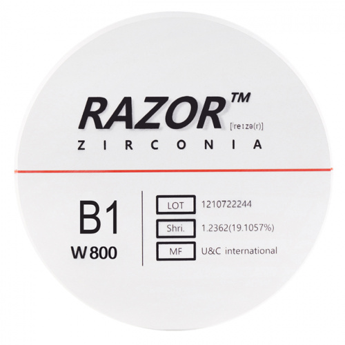 Диск циркониевый Razor 800, однослойный, размер 98х25мм, оттенок B1, UNC Inc (Корея) от Дентал-Ист