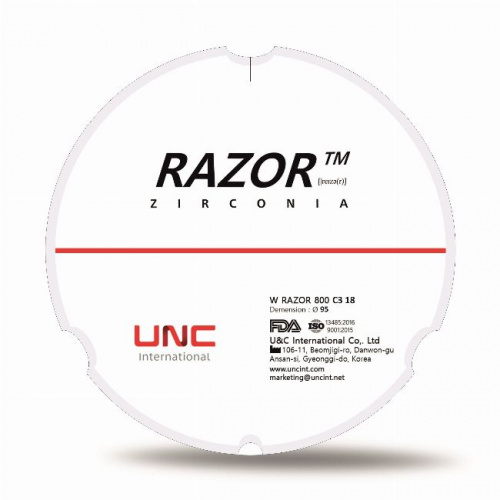 Диск циркониевый Razor 800, однослойный Zirconzahn, 95х18мм, C3, UNC Inc (Корея) от Дентал-Ист