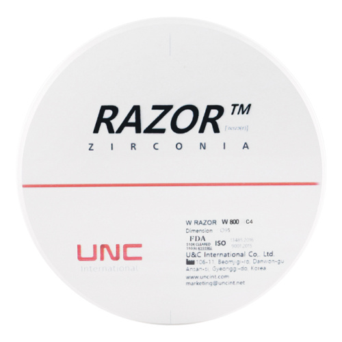 Диск циркониевый Razor 800, однослойный Zirconzahn, 95х18мм, C4, UNC Inc (Корея)